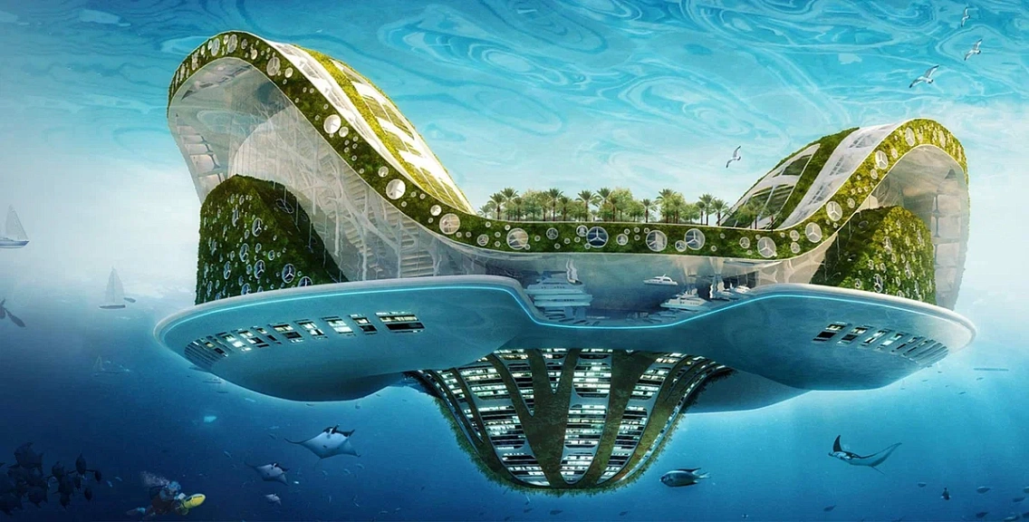 А вот это уже реальный инженерный концепт плавучего города-острова. Не нейросеть.